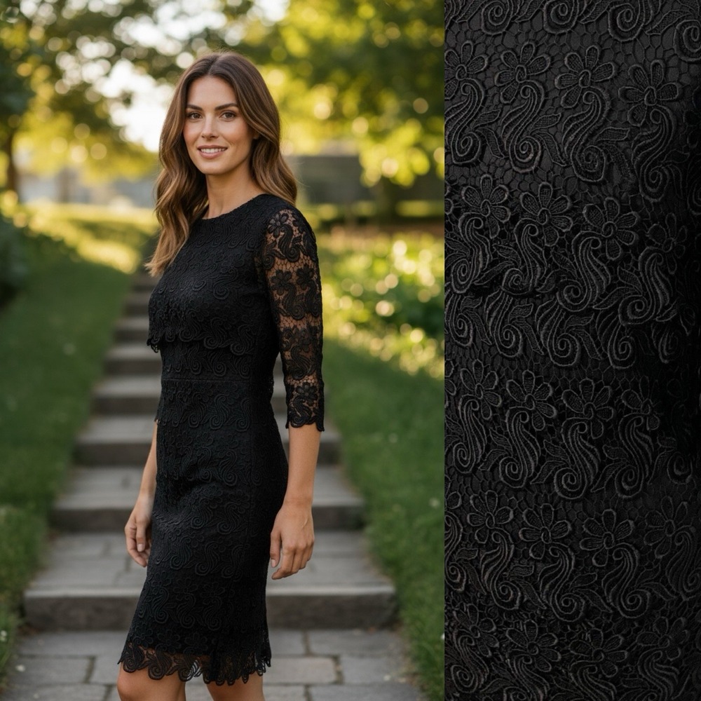 VTG Black Floral‎ Lace Tiered Sheath Midi Dress  Goth Flapper Formal Romantic M